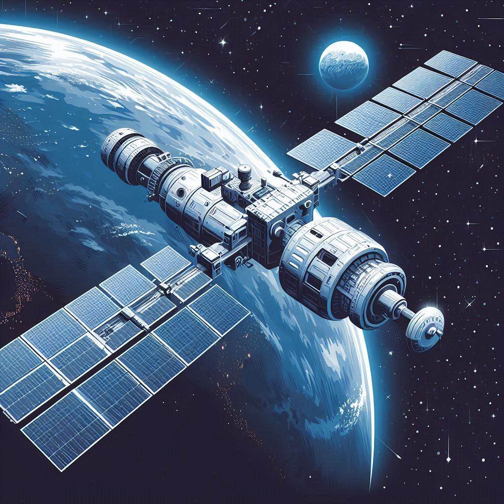 Create an image of a futuristic space station orbiting Earth in a vector art style. The space station should look high-tech and sleek, with solar panels and communication antennas. Set the scene in outer space with planet Earth in the background, conveying a sense of wonder and exploration.