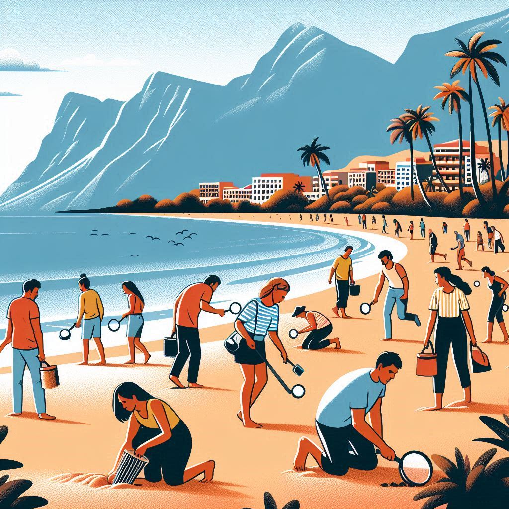 Create an illustration in a vector art style of a group of diverse individuals searching through a picturesque beach in Tenerife. The image should show a mix of emotions including worry, hope, and determination on their faces as they comb the sandy shores. 