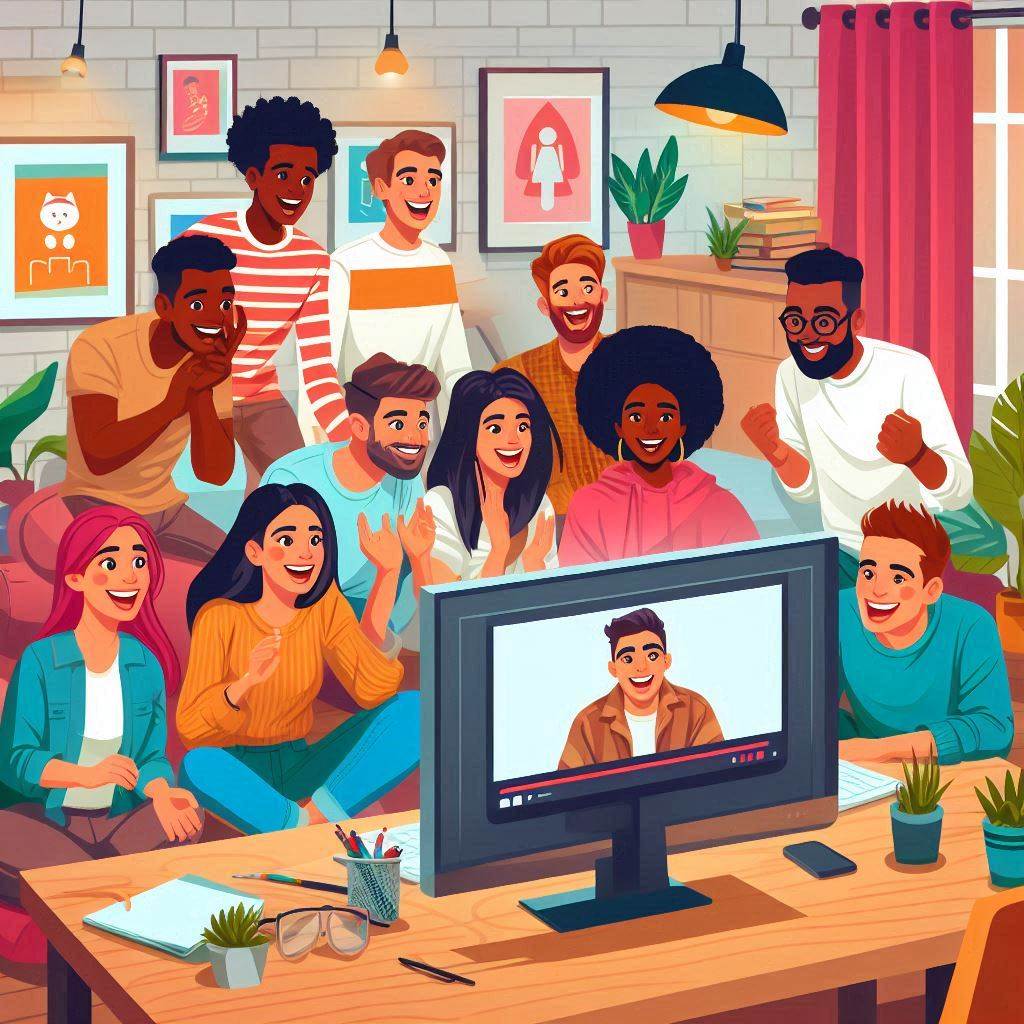 Create an image of a diverse group of young adults excitedly gathered around a computer, watching a captivating video on a bright screen. The setting is a cozy living room with colorful decorations. The mood is joyful and engaging, with expressions of surprise and delight. Vector art style.