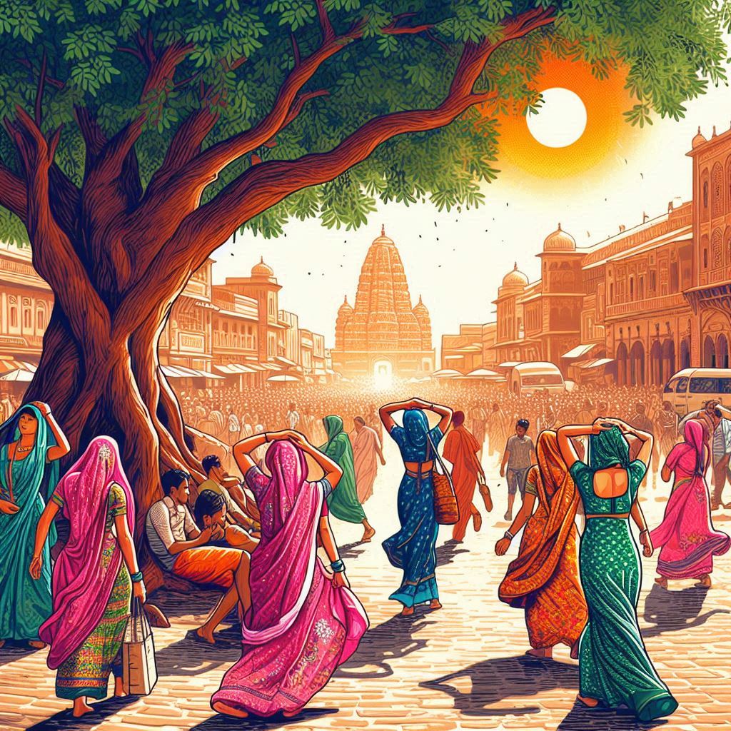 Create an image of a diverse group of people in traditional Indian attire seeking relief from a scorching sun under a large tree in a bustling market square. The scene should convey a sense of sweltering heat and exhaustion. The vector art style should emphasize the vibrant colors of the clothing and the intensity of the sun.