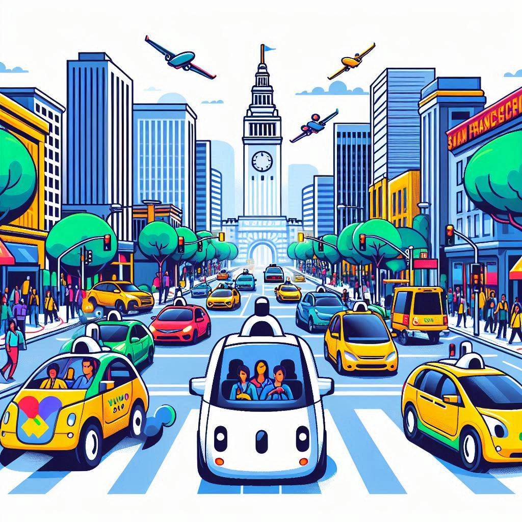 Illustrate a bustling San Francisco street scene with colorful Waymo One autonomous vehicles navigating through the traffic. Show diverse passengers getting in and out of the vehicles, with iconic San Francisco landmarks in the background. The vector art style should capture the futuristic and efficient essence of autonomous ride-hailing services.