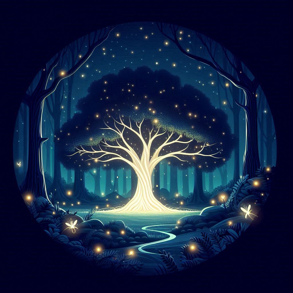 Create an image in a vector art style of a mysterious, enchanted forest at night with a large, glowing tree in the center. The setting should have a magical and mystical atmosphere, with fireflies lighting up the scene and stars twinkling in the night sky.