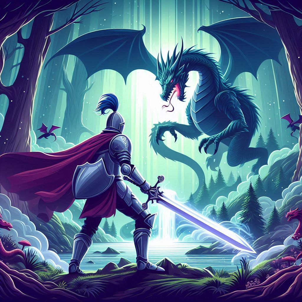 Create an image of a brave knight standing in a mystical, enchanted forest, wielding a magical sword against a fierce dragon in a vector art style. The scene should convey a sense of epic adventure and high fantasy.