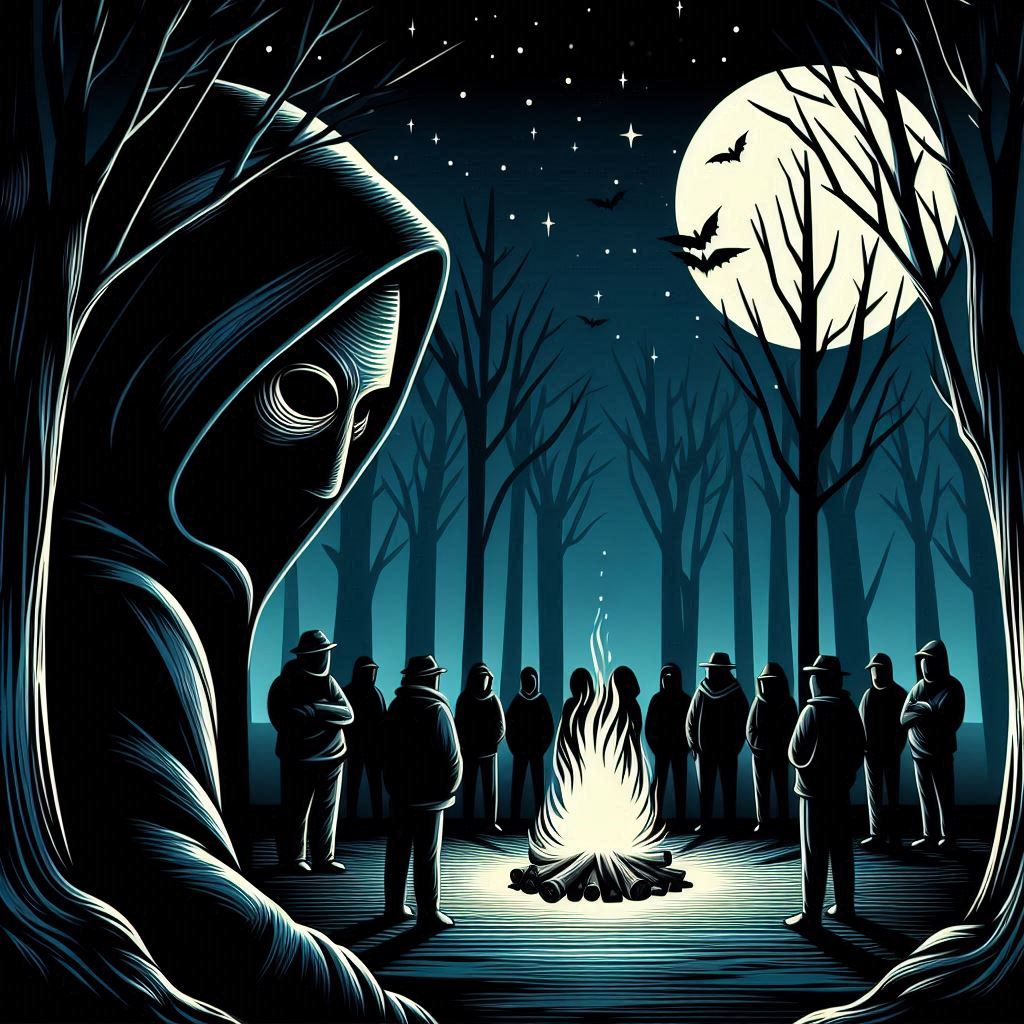 Create an illustration in a vector art style depicting a mysterious group gathered around a bonfire at midnight, looking serious and determined. Include a figure wearing a mysterious mask symbolizing termination. Set the scene in a dark forest with shadows casting eerie shapes, capturing a secretive and intense mood.