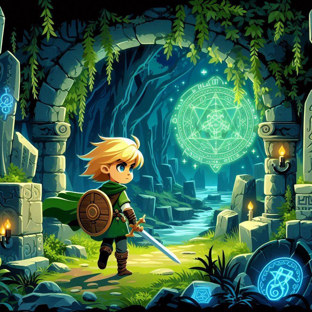 Create an image of a young hero with blonde hair in a green tunic, holding a sword and shield, exploring a mystical forest filled with ancient ruins and glowing runes. The scene should capture a sense of adventure and mystery in a vibrant vector art style.