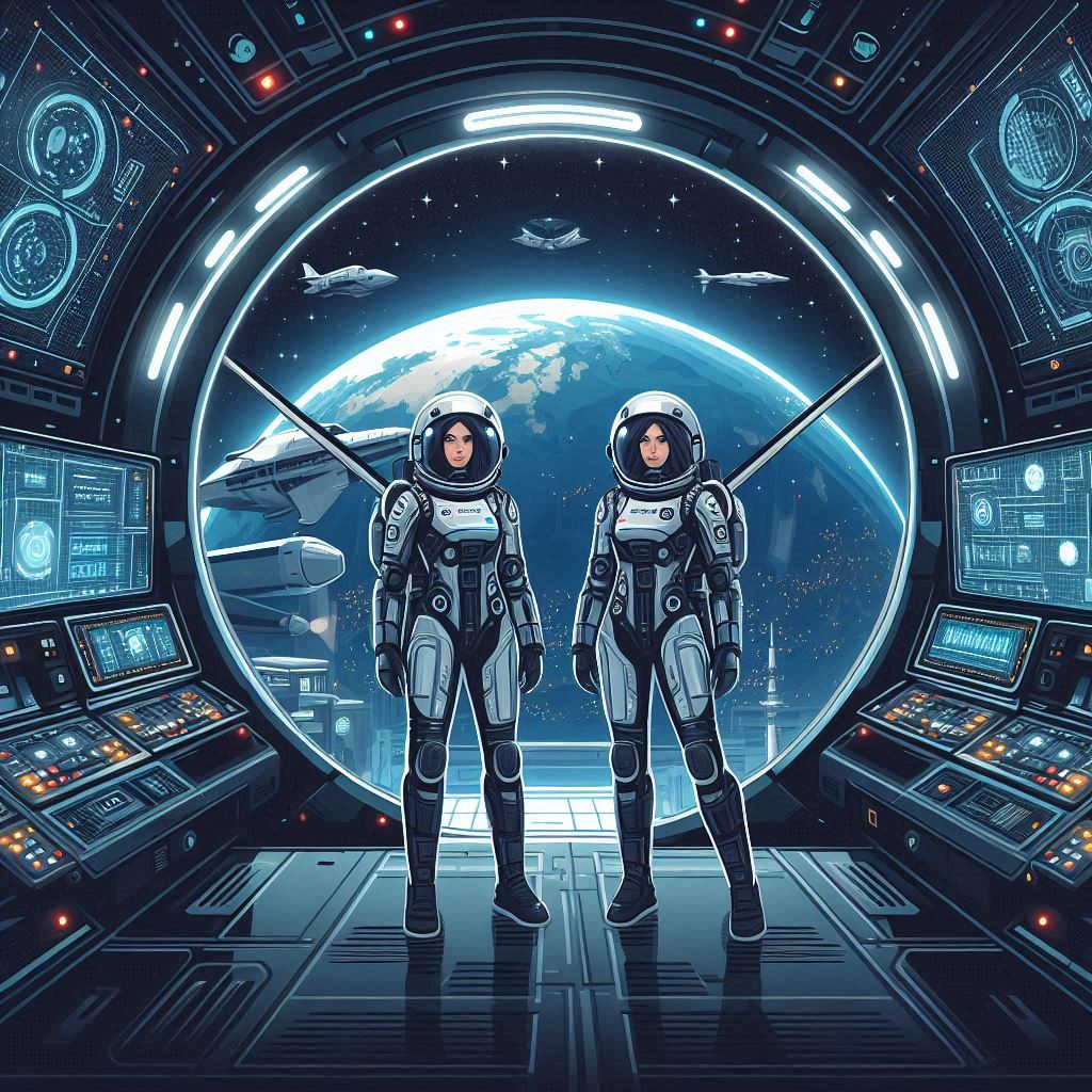 Two female astronauts in sleek, futuristic space suits stand confidently inside a high-tech Boeing space capsule, surrounded by blinking control panels and a view of Earth from space. The mood is optimistic and determined amidst a backdrop of stars. Vector art style.