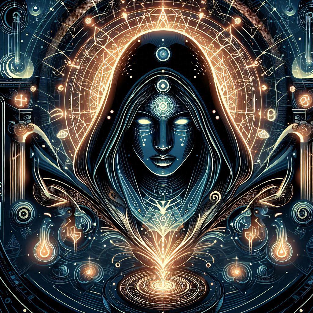 Create an illustration in a vector art style of a mysterious and captivating figure in a futuristic setting, surrounded by glowing symbols and ancient artifacts. The mood should be enigmatic and intriguing, with a hint of magic and suspense.