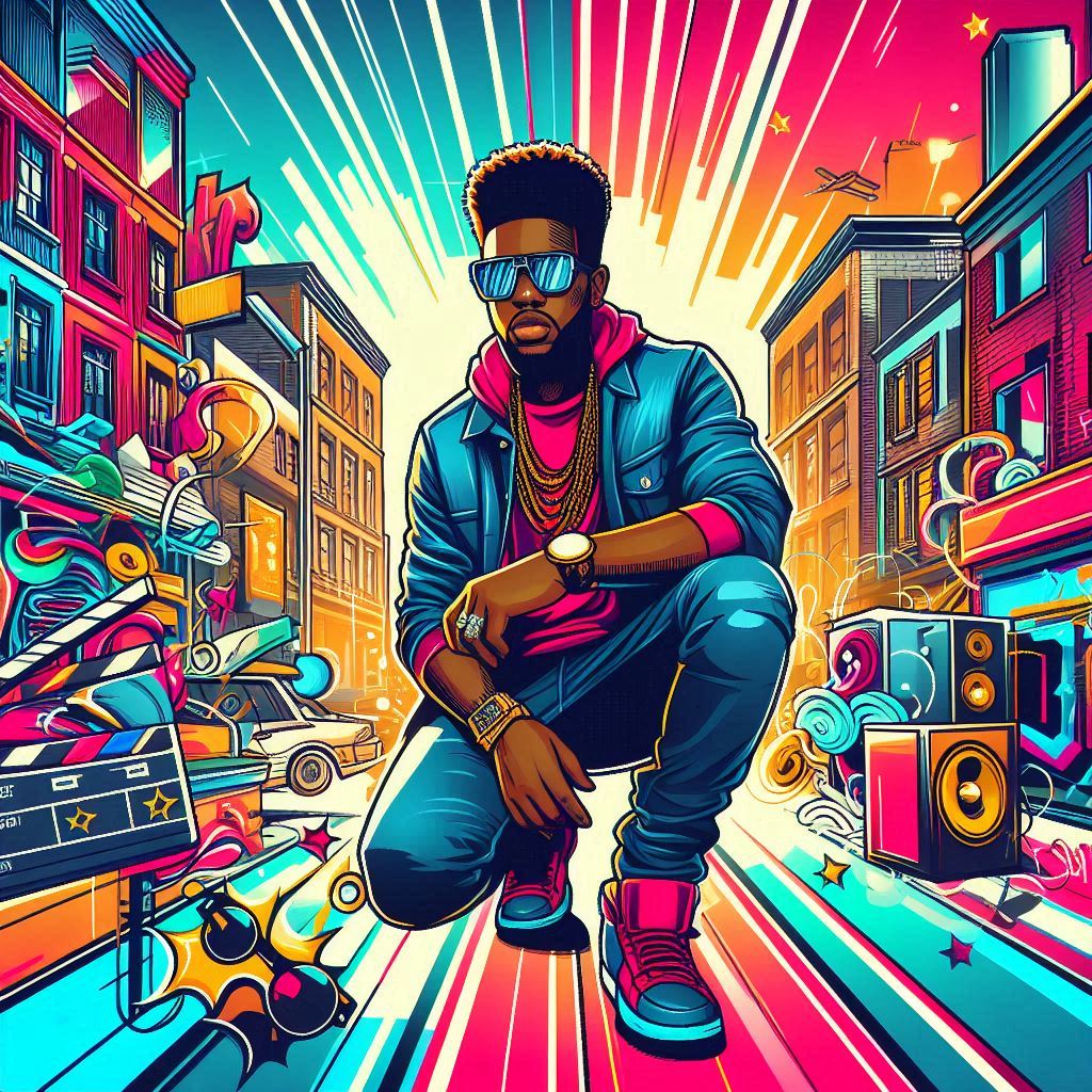 Create an image of a stylish and charismatic African American male musician in a vibrant urban setting, surrounded by colorful graffiti and animated effects, in a dynamic vector art style. Capture the mood of anticipation and excitement for the upcoming music video.